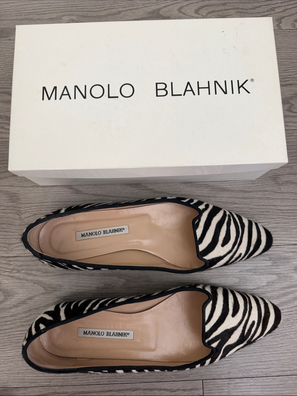 Manolo Blahnik Black and White Zebra-Print Slip-On Flats